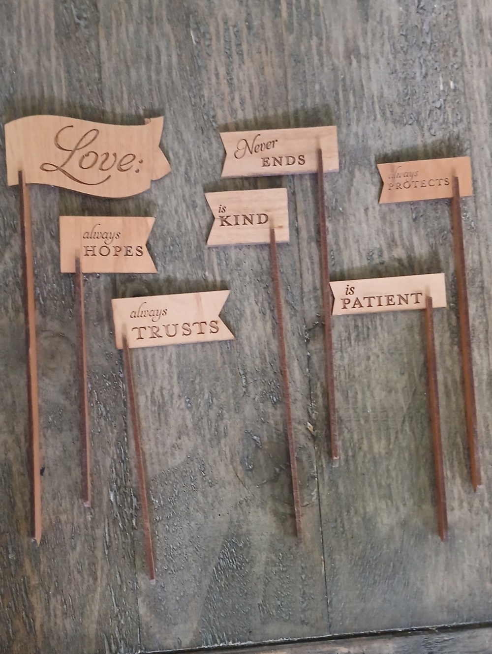 Wooden Wedding Cake Topper 'Love' Is  - Natural Wood Flags